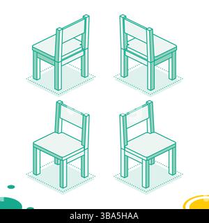 Set of four isometric wooden chair with a soft cushion seat, shown from different angles. Interior design concept, game assets, architectural Stock Vector