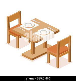 Wooden dining table with two chairs isolated on white. Vector illustration. The setup with plates, forks, knives, and napkins. Restaurants, cafes. Stock Vector