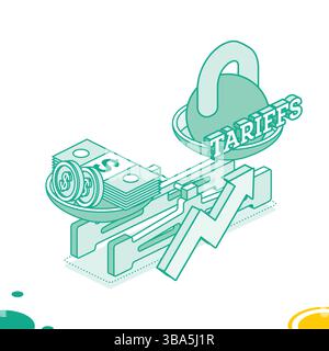 Tariffs symbol weighing down the economy. Balance scales with money and kettlebell. Isometric mechanical scales with coins and paper banknotes. Stock Vector