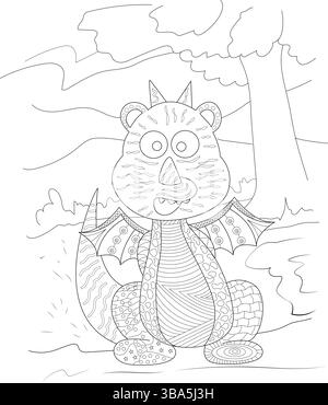 An intricate black and white line art illustration of a cute baby dragon sitting in a forest scene. Perfect for coloring books, children's activities, Stock Vector