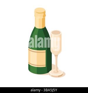 Isometric champagne bottle with glass. Vector illustration. Web icon. Objects isolated on white background. Festive party beverage. Stock Vector