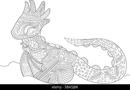Detailed black and white line art illustration of a cute baby dragon adorned with intricate patterns, perfect for coloring books, stress relief, and c Stock Vector
