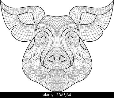 Detailed black and white line art illustration of a pig's face, rendered in a decorative zentangle or mandala style. Perfect for coloring books, medit Stock Vector