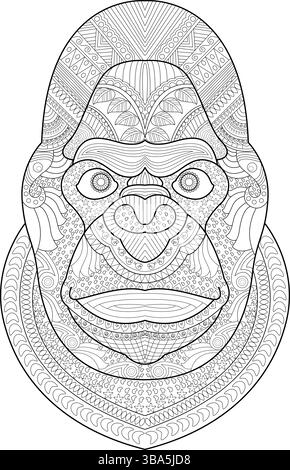 Detailed line art illustration of a gorilla face filled with complex decorative patterns, perfect for adult coloring books, relaxation, and anti-stres Stock Vector