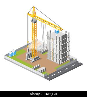 Construction site with crane and skyscraper. Process of building multi-storey building. Industrial technology. Vector illustration. Isometric monolith Stock Vector