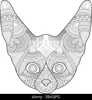 Detailed black and white line art illustration of a Fennec Fox head with intricate decorative patterns, perfect for use as a coloring page for adults Stock Vector