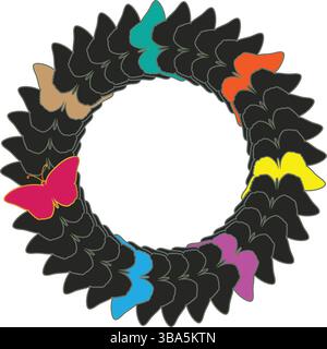 Colorful Butterfly Circle Frame. Black Silhouette Wreath with Multicolor Accents for Decorative Design and Art Projects. Floral Digital wall art. Stock Vector