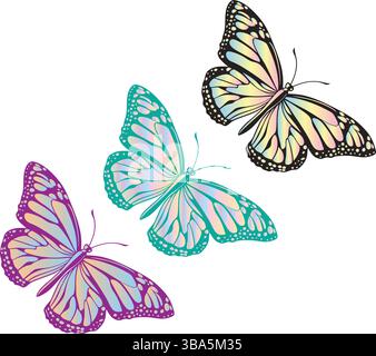Butterfly vector transparent background. Cute three variants of Colorful Butterfly Sketches. Minimalist Line Art Design Featuring Artistic Insects art Stock Vector