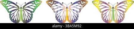 Butterfly vector transparent background. Cute three variants of Colorful Butterfly Sketches. Minimalist Line Art Design Featuring Artistic Insects art. Stock Vector