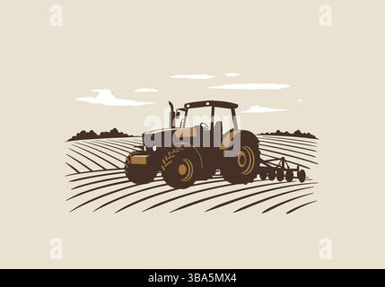 Tractor Plowing Field at Sunset Stock Vector