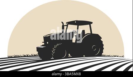 Tractor Plowing Field at Sunset Stock Vector