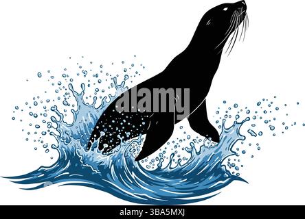 Jumping Seal Silhouette with Splashing Water Stock Vector