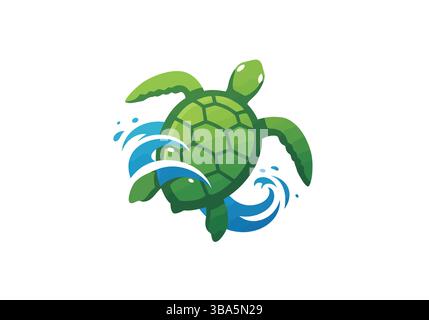 Vibrant Green Sea Turtle Swimming Amid Ocean Waves Stock Vector