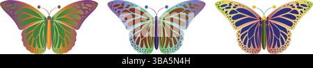 Butterfly vector transparent background. Cute three variants of Colorful Butterfly Sketches. Minimalist Line Art Design Featuring Artistic Insects art Stock Vector