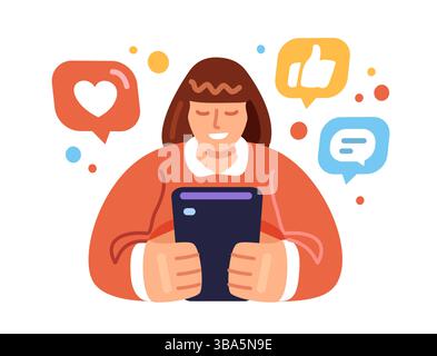 User interacts with smartphone displaying social media networks. Young woman chats online and browses events and news Stock Vector