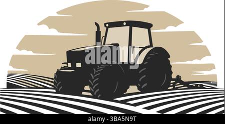 Tractor Plowing Field at Sunset Stock Vector