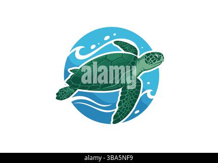 Green Sea Turtle Swimming with Oceanic Wave Pattern Stock Vector