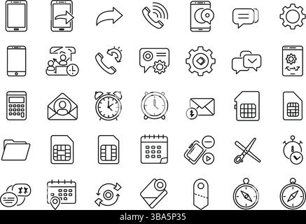 Set of  Smartphone and Digital Interface Icons in Minimalist Outline Style Stock Vector