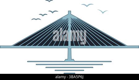 Modern Cable-Stayed Bridge Illustration with Flying Birds Stock Vector