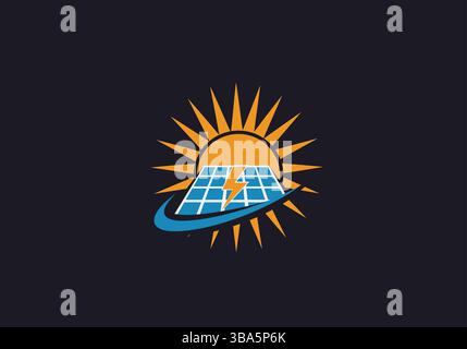 Solar Energy Logo with Sun, Panel, and Lightning Bolt Stock Vector