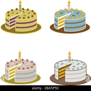 Cake vector in 4 variant colors on transparent background. Happy birthday cake illustration with single candle, white frosting, teal icing, sprinkles. Stock Vector