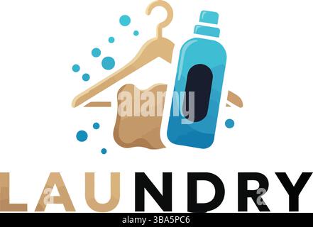 Laundry Icon with Hanger, Detergent Bottle, and Bubbles Stock Vector