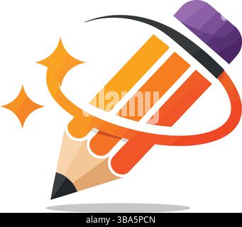 Dynamic Pencil Logo with Orange Swoosh and Sparkles Stock Vector