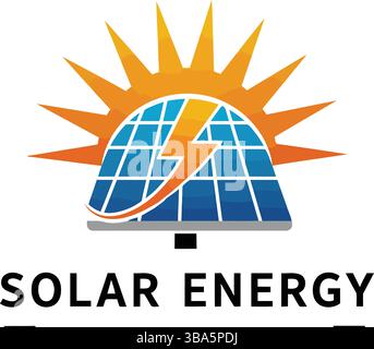 Solar Energy Logo with Sun, Panel, and Lightning Bolt Stock Vector
