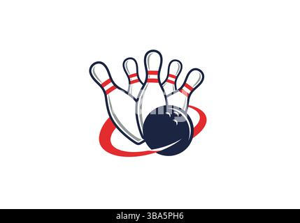 Dynamic Bowling Logo with Ball and Pins Stock Vector