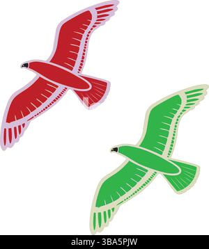 Two colorful Minimalist flying bird vector illustrations outstretched wings, stylized digital line art for tattoos, logos, or nature-inspired designs. Stock Vector