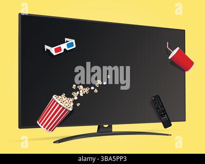 Realistic movie night advertising concept with smart tv, popcorn bucket, soda cup and 3d glasses. Vector illustration. Stock Vector