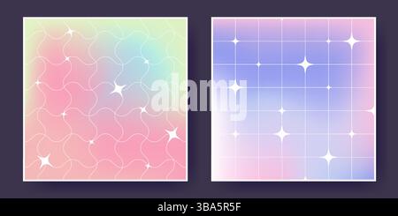 Y2k star patterns - pastel gradient backgrounds with sparkling white twinkles, trendy early 2000s aesthetic. Colorful grids transition. Magical girly graphics for nostalgic retro design projects. Stock Vector