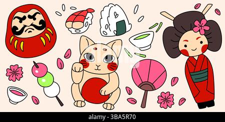 Cute Japanese folk art stickers set - lucky maneki neko cat and daruma doll, sakura flowers and woman toy, sushi and onigiri, traditional fan and dango dessert. Cartoon playful Asian motifs. Stock Vector