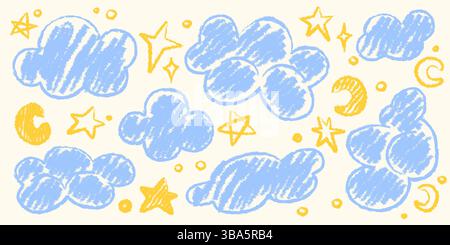 Crayon doodle style cloud shapes, stars and moon illustrations. Childlike pastel blue and yellow drawings with chalk texture. Cute kids room or kindergarten decor element, nursery wallpaper print. Stock Vector