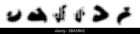 Halftone blob shapes set - dotted black geometric forms, halftone effect paint stains, round particles compositions pack. Grunge design elements collection for backgrounds, patterns and textures. Stock Vector
