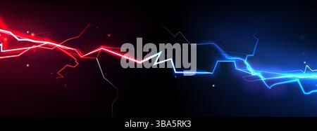 Neon vs thunder - glowing red and blue electric lightning bolts clash. Dynamic abstract energy flows, powerful opposition collision. Futuristic versus vibrant light effect backdrop, competitive match Stock Vector