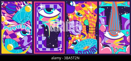 Psychedelic retro posters set with abstract shapes. Vector illustration of bright color futuristic banners with eye, planets in space, geometric wireframe elements, surreal background, y2k aesthetic Stock Vector