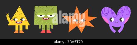 Geometric doodle face emoticon set - laughing yellow pointy triangle, grumpy green rectangle, energetic orange star shape monster, purple smiling heart. Bright textured creature shapes pack. Stock Vector