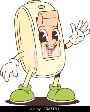 Funny mascot character illustrated as an electric light switch with a smiling face, big eyes, gloves, and green shoes. Suitable for creative designs a Stock Vector