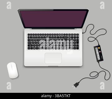 Laptop with computer mouse and charger unplugged. Vector illustration. Stock Vector