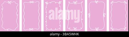Ribbon bow doodle frame. Hand drawn vintage bow border. Doodle line wedding invite. Cute hand drawn rectangle frame. Decorative pink valentine card Stock Vector