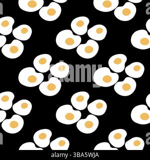 Seamless pattern with fried eggs. Sunny side up eggs pattern on black background. Healthy breakfast pattern for wrapping paper, fabric, cover design Stock Vector