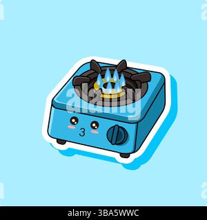 Cute Blue Gas Stove Sticker Kawaii Style Cartoon Design Vector Illustration Stock Vector