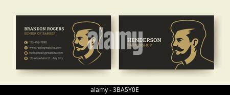 Modern black and gold business card template featuring a stylish barber profile illustration. Perfect for personal or corporate use, showcasing contac Stock Vector