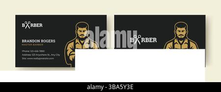 Modern black and gold business card featuring a retro barber illustration, logo, and contact information. Perfect for barbershop branding and professi Stock Vector