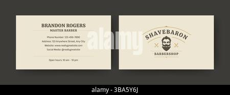Professional barbershop business card featuring classic male figure logo, scissors icons, structured contact layout, and minimalist cream background f Stock Vector