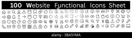 100 Essential Website Functional Icons – Minimal Line Style for UI/UX Design Stock Vector