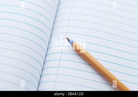 A ballpoint pen lying in an open blank notebook. Close up. Stock Photo