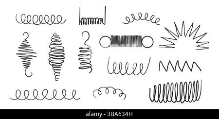 Spiral metal coil wire doodle hand drawn bounce steel curve line spring. Set vape metallic flexible coils. Steel motor spiral . Vector illustration Stock Vector