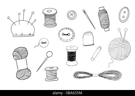 Sewing set with thread, needle buttons doodle hand drawn. Handmade crafts embroidery collection. Vintage tailor kit. Sewing accessories. Vector illustration Stock Vector